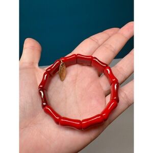 Plunder Design Red Bamboo‎ Style Stretch Bracelet Gold Tone Logo Charm